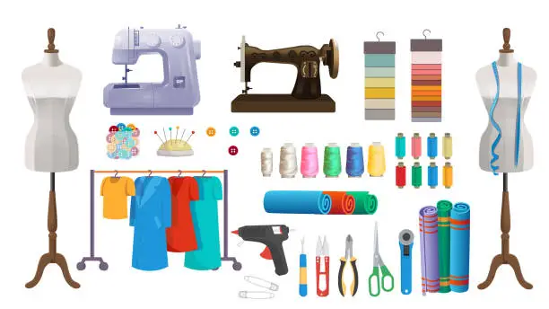 Vector illustration of Sewing set with sewing machine, mannequin, clothes on a hanger, threads and sewing tools.Vector illustration in cartoon style.