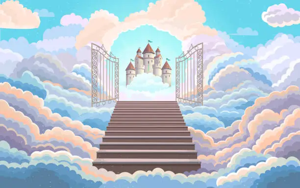 Vector illustration of Entrance to paradise, open gate with a magic castle. castle in the clouds.Staircase leading to to the wrought iron gates.background with fluffy clouds. Stairs up. Vector cartoon illustration.