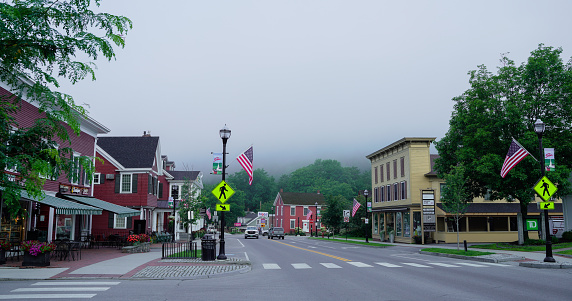 Stowe, Vermont,USA-July 28, 2023-  town of Stowe in Vermont in the summer，The attractive and welcoming Stowe Visitor Information center.