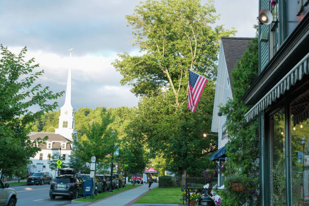 Stowe, Vermont,USA-July 27, 2023-  town of Stowe in Vermont in the summer，The attractive and welcoming Stowe Visitor Information center.