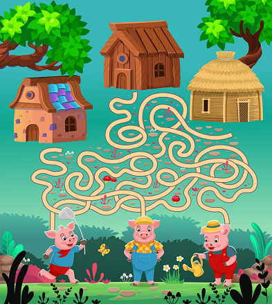 Fun game labyrinth, maze from the fairy tale The Three Little Pigs. three little pigs are looking for the way to their houses made of stone, straw, wood.