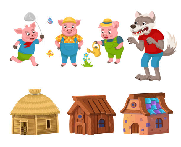 illustrations, cliparts, dessins animés et icônes de décor tiré du conte de fées les trois petits cochons. trois petits cochons se tiennent près de leurs maisons faites de pierre, de paille, de bois, et un loup en colère et affamé se promène à proximité. des personnages de dessins animés amusants. - de petite taille