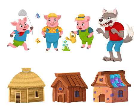 Set from the fairy tale The Three Little Pigs. Three little pigs stand near their houses made of stone, straw, wood, and an angry, hungry wolf walks nearby. Funny cartoon characters.