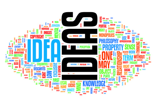 Idea related concepts in word tag cloud isolated on white background