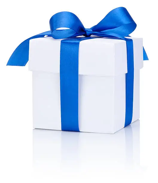 Photo of A white gift box with a blue bow