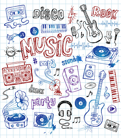 set of the drawn illustrations in doodle style