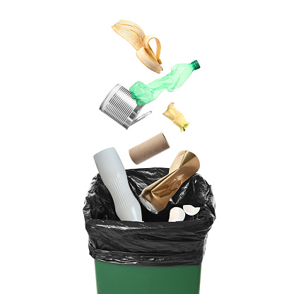 This image shows various forms of bio-waste including needle disposal container, liquid bodily waste, and bagged medical waste...all with bio-waste warnings. Background is 255 white with clipping path.