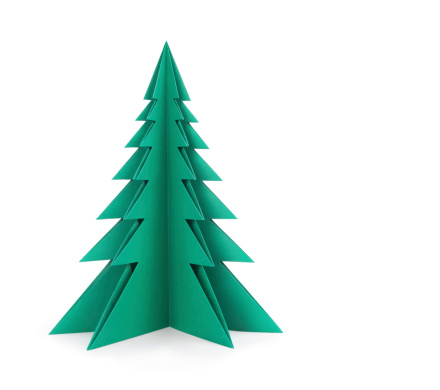 Green paper tree on a white background.  Clipping patch