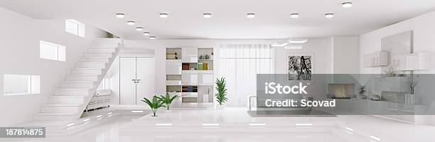 White Apartment Panorama Interior 3d Render Stock Photo - Download Image Now - Apartment, Architecture, Armchair