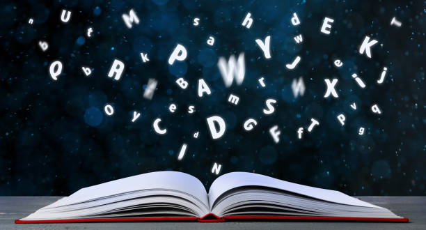 istock Letters flying out of open book on table, bokeh effect. Banner design 1878168441