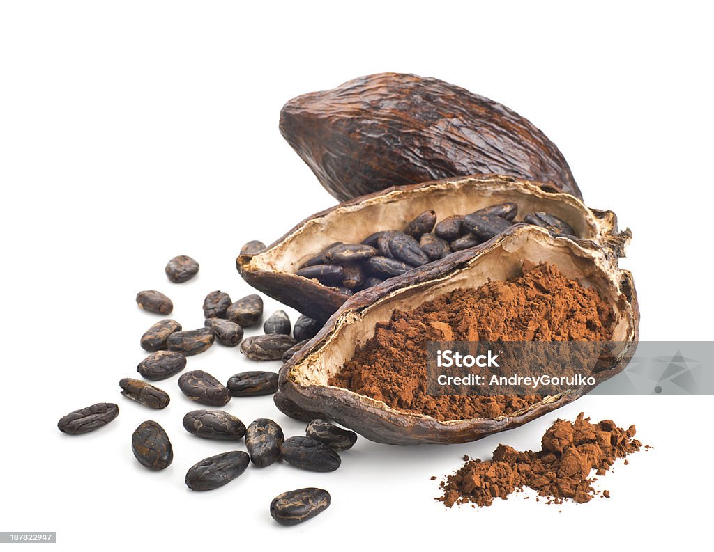 Cocoa pod, beans and powder isolated on a white Cocoa pod, beans and powder isolated on a white background Cocoa Powder Stock Photo