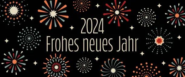 Vector illustration of 2024 Frohes neues Jahr - text in German language - Happy New Year. Greeting card with abstract fireworks.