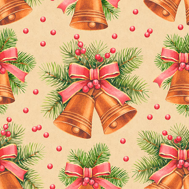 Vintage Christmas pattern. Watercolor bells and pine with decorations