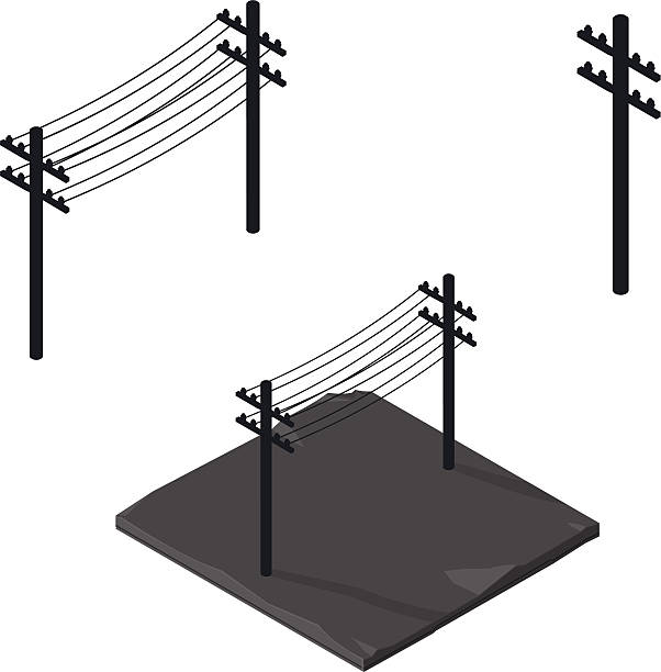Power lines silhouette Icon A vector illustration of power lines or telegraph poles on a strip of land. electrical tower illustration stock illustrations