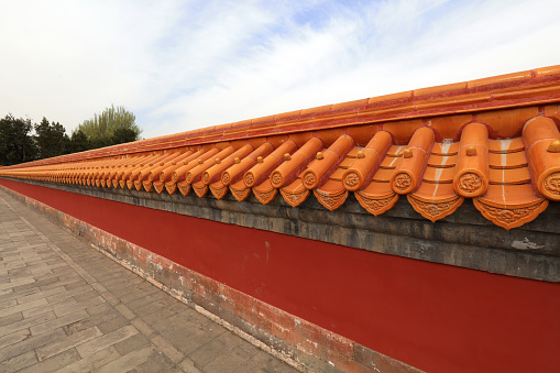 Yellow tile and red wall architectural landscape in Ditan Park, Beijing, China, 2007