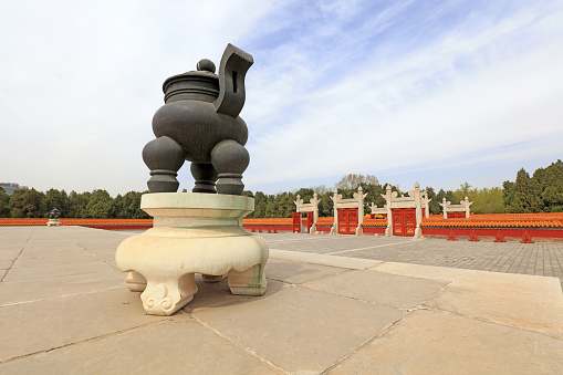 Chinese Qing Dynasty incense burner architecture landscape in Ditan Park, Beijing, China