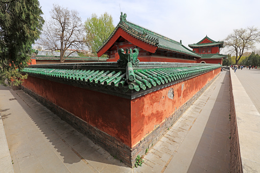 Beijing, China - April 6, 2019: Chinese classical glazed tile architecture landscape in Ditan Park, Beijing, China