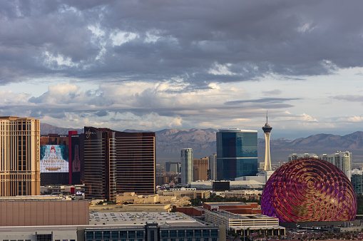 Las Vegas, USA - February 17, 2019 Panoramic view of Las Vegas strip at night in Nevada.