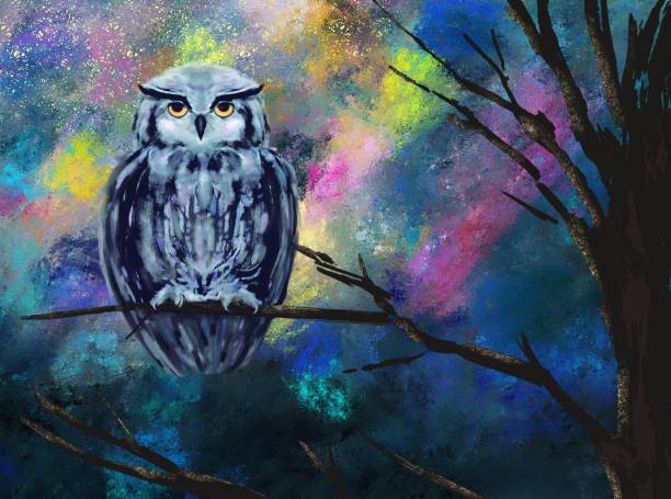istock Illustration of an owl with orange eyes sitting on a bare tree branch against a bright multi-colored sky 1878347201