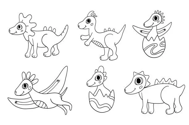 Vector illustration of Set with cute dinosaurs in doodle outline style