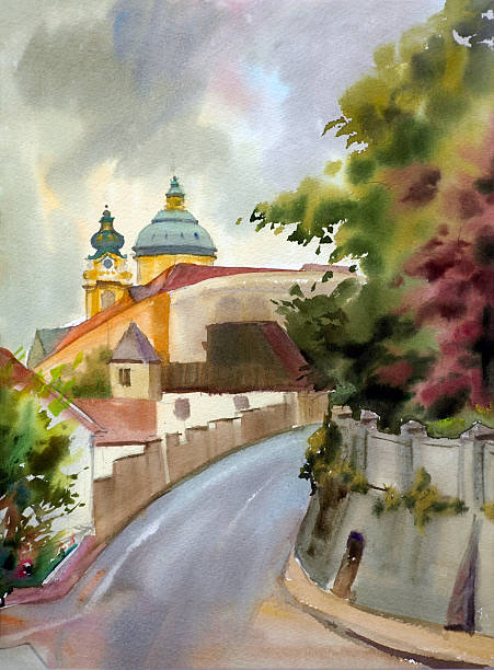 Austrian landscape painted by watercolor Austrian city of Melk landscape painted by watercolor melk stock illustrations