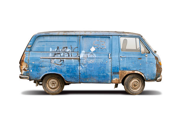 old blue van - rust rusty old rotting stock-fotos und bilder