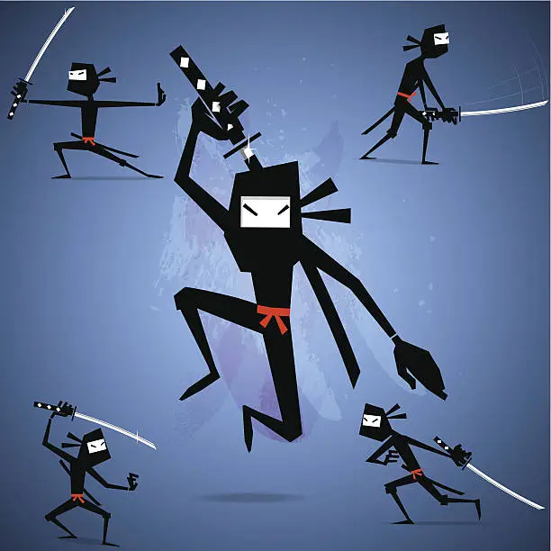 Vector illustration of Four stick figure-like ninjas with action poses