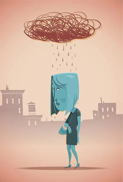 Vector illustration of Cartoon blue woman with a scribbled rain cloud above her