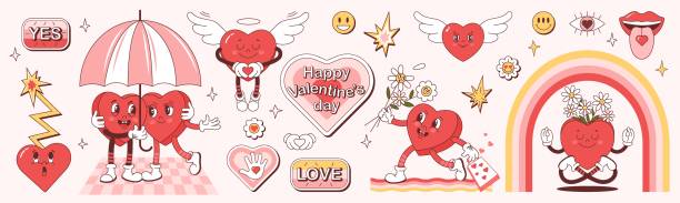 Groovy retro sticker pack.Set Valentine's day in trendy comic style.  Cartoon heart characters, heart with flowers, with wings, a bomb heart and elements in groove style. . Retro 60s 70s cartoon
