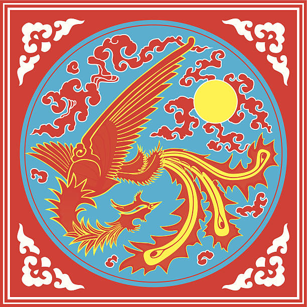 레드 휘닉스 아침에 일요일 - china phoenix vector chinese culture stock illustrations