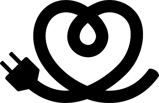 Monochrome electrical cord in the shape of a heart, power plug / illustration material (vector illustration)