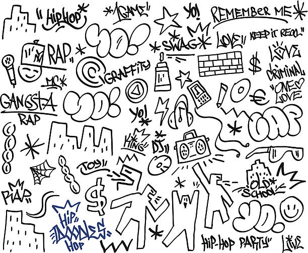 ilustraciones, imágenes clip art, dibujos animados e iconos de stock de el rap, hip hop-garabatos - spray paint vandalism symbol paint