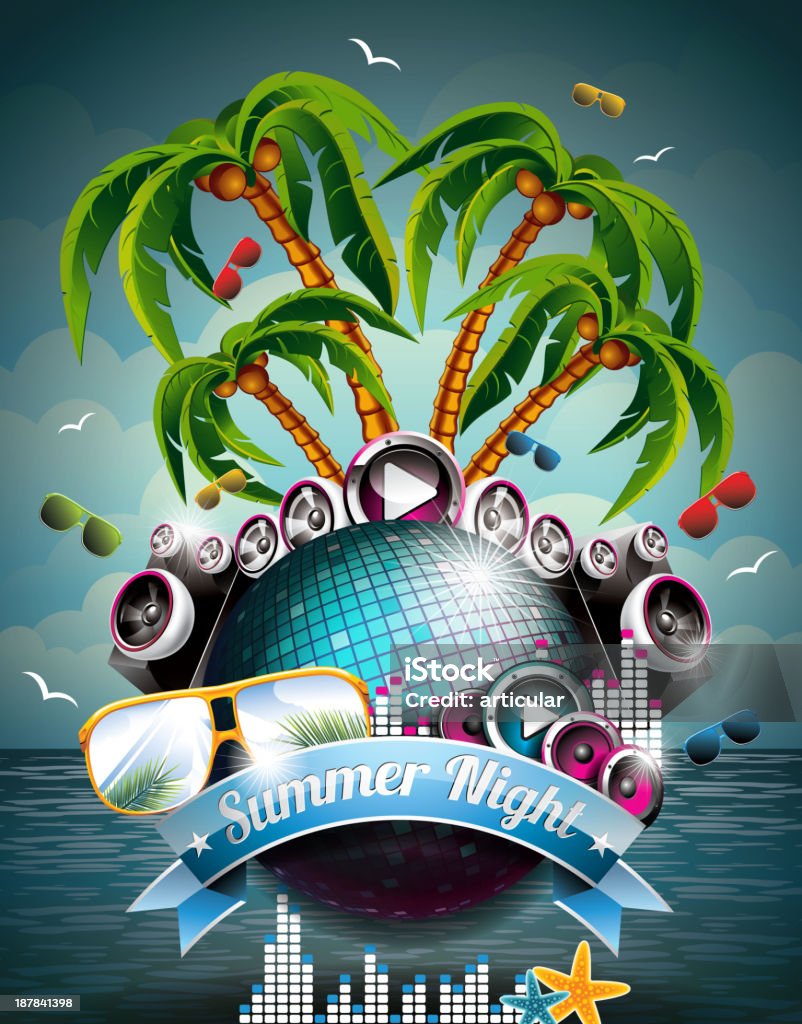 Verano playa diseño de Flyer fiesta con bola de discoteca y altavoces - arte vectorial de Abstracto libre de derechos