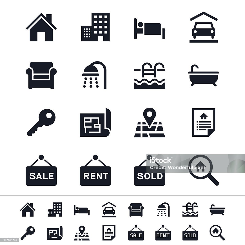 Sharp vector real estate icons in black and white Simple vector icons. Clear and sharp. Easy to resize. No transparency effect. Icon Symbol stock vector