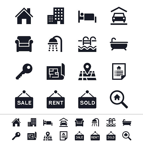 Sharp vector real estate icons in black and white Simple vector icons. Clear and sharp. Easy to resize. No transparency effect. blueprint icons stock illustrations