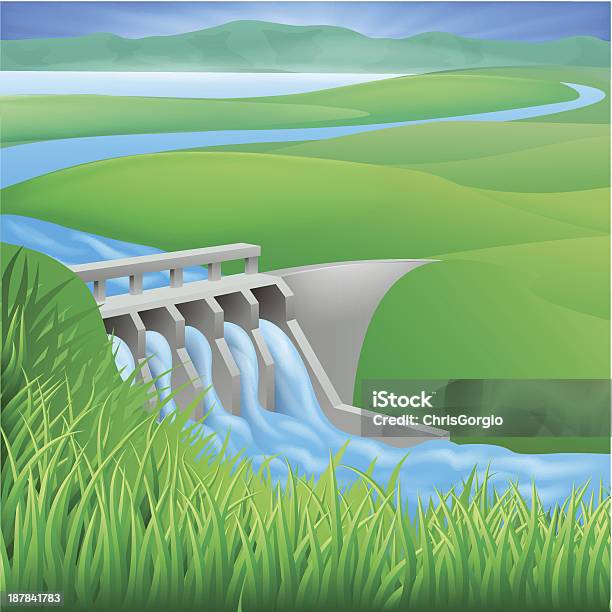 Hydro Dam Water Power Energy Illustration Stock Illustration - Download Image Now - Dam, Fuel and Power Generation, Built Structure
