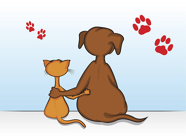 Cartoon showing dog and cat with arms around each other vector art illustration