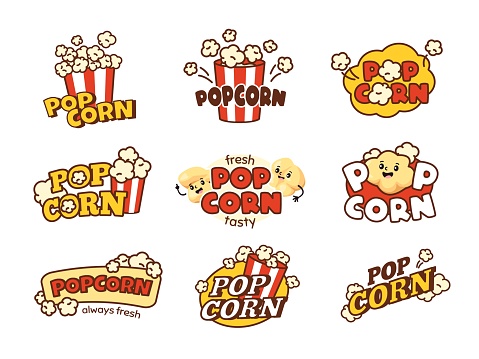 Popcorn emblem. Sweet corn snacks banners for cinema shop, striped buckets with playful popped corn kernels vector set of popcorn corn snack label for cinema