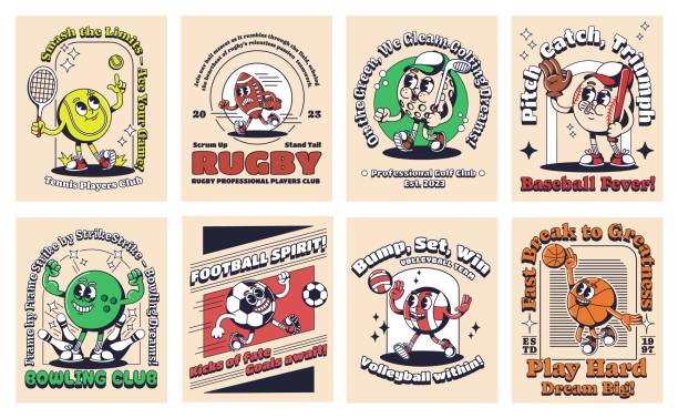 Cartoon sport posters. Retro playing ball card sticker with 1930s mascot character and slogans. Sports enthusiasts banners vector set Cartoon sport posters. Retro playing ball card sticker with 1930s mascot character and slogans. Sports enthusiasts banners vector set of poster game graphic illustration basketball characters stock illustrations