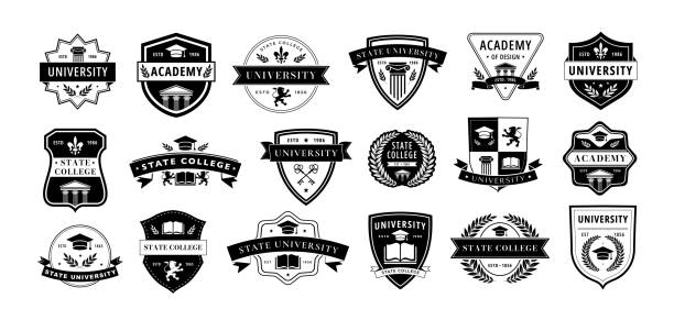 stockillustraties, clipart, cartoons en iconen met education badge. monochrome labels for university, academy and college branding. academic insignia vector emblems set - universiteit
