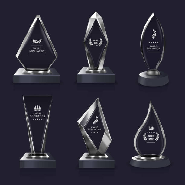 istock Glass award. Winner trophy plate, clear transparent achievement or nomination label isolated vector illustration template set 1878428196