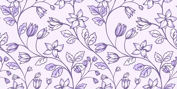 Seamless intertwined artistic graphic branches ditsy flowers and leaves pattern. Vector hand drawn. Abstract elegance floral and leaves background. Blooming purple pastel meadow print.  Design for fabric, fashion, textile, wallpaper