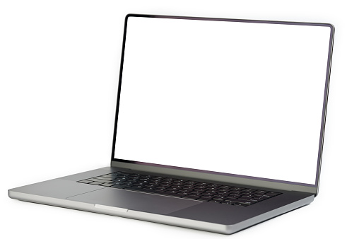 Perspective view of open laptop with clean screen isolated