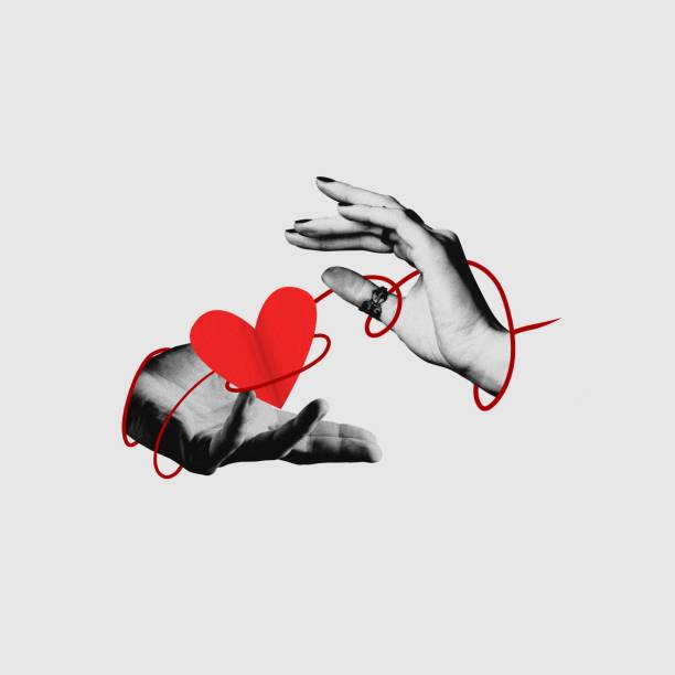 istock Love between man and woman. Human hands connected to heart with string. Support and care. Contemporary art collage. Minimalism. Valentine's day 1878440996