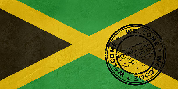 bildbanksillustrationer, clip art samt tecknat material och ikoner med welcome to jamaica flag with passport stamp - welcome to jamaica