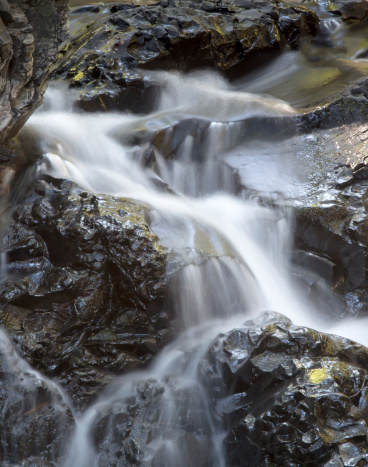 Water tumbling down a mountain riverbed. I love the glistening rocks and the contrast with the milky flowing water.