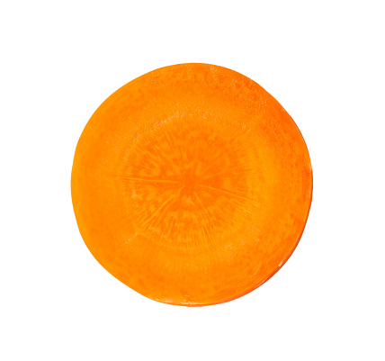 Top view of single fresh beautiful carrot slice is isolated on white background with clipping path.