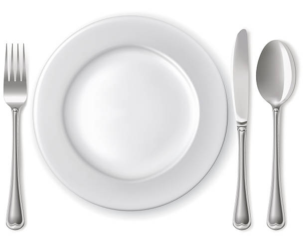 Plate with spoon, knife and fork Empty plate with spoon, knife and fork on a white background. Mesh. Clipping Mask. fork knife stock illustrations