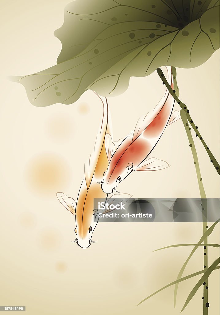 Koi fishes in lotus pond Koi fishes swimming in lotus pond, vectorized brush painting.  Illustration contains a transparency blends/gradients, AI EPS10 vector file.  Painting - Art Product stock vector