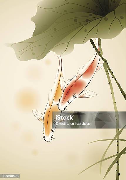 Koi Fishes In Lotus Pond Stock Illustration - Download Image Now - Painting - Art Product, Koi Carp, Chinese Culture